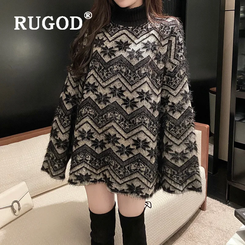 

RUGOD fashion jacquard weave print sweater women spring winter thick turtleneck long pullover loose jumper Pull femme