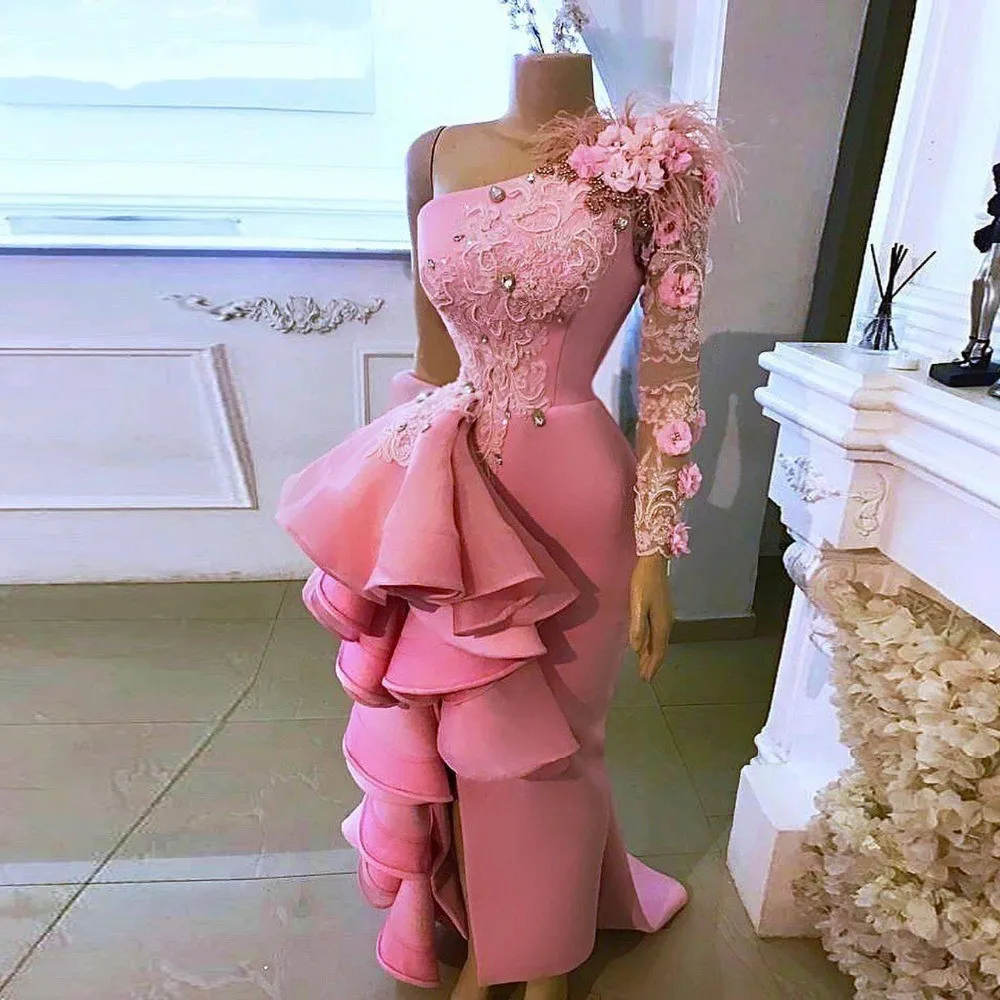 

Pink One Shoulder Evening Dresses vestidos de fiesta Flowers Appliques Beads Lace Prom Dress Slits Ruffles Women Party Gowns