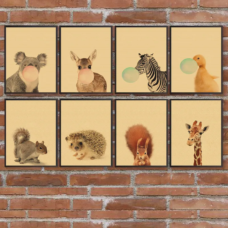 

Cartoon Animal Blow Balloon Duck Elephant Zebra Bubble Gum Prints Poster Wall Art Kids Child Picture Decor