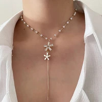 exquisite cz flower long tassel necklace for women sweet zirconia pendant clavicle pearl choker wedding fashion jewelry bijoux