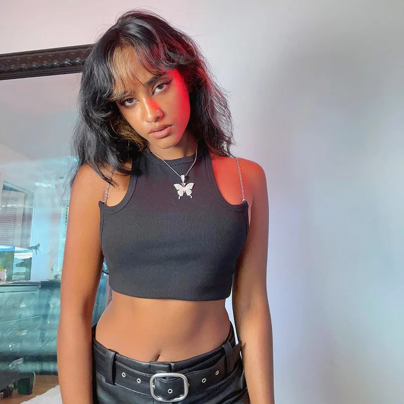 

Майка женская рифленая с открытыми плечами, Повседневная Уличная одежда для воркаута, облегающий укороченный жилет с металлическими цепоч...