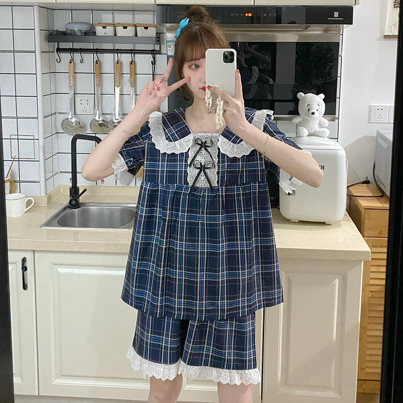 CAIYIER Summer Red Grid Pajamas Set Women Sweet Lace Short Sleeve Sleepwear Korean Gentle Girl Shorts Leisure Nightwear Homewear