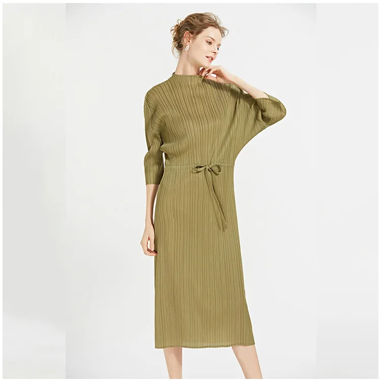 

SuperAen 2022 Spring Autumn New Solid Simple Women's Half-high Collar Tie-up Pleated Dresses Loose A-line
