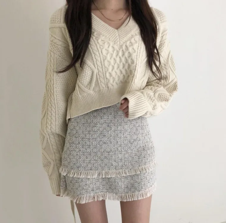 

Spring Retro Hemp Pattern Bind Knitting Sweater Women Bandage Solid Color Sweater Top for Women