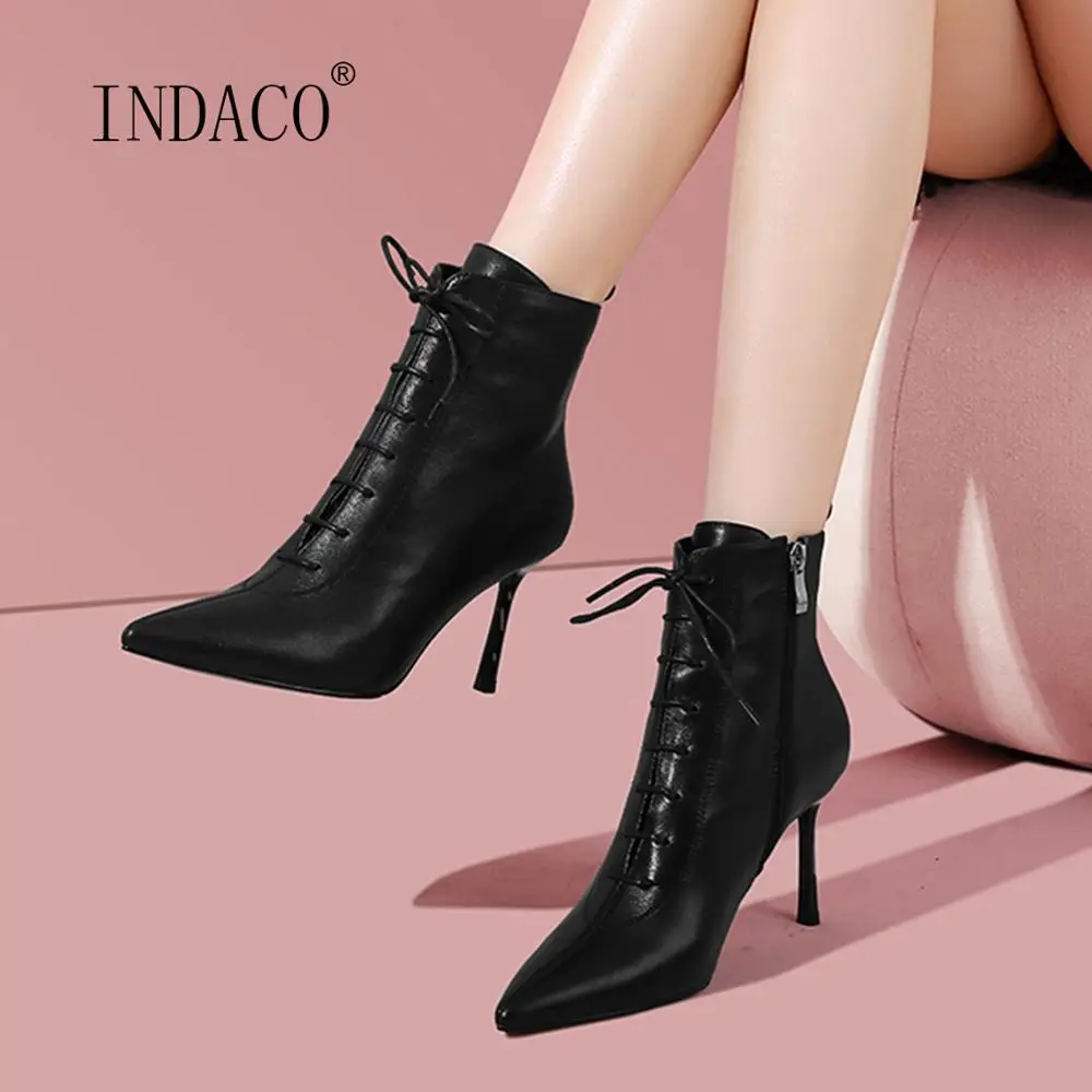 

Winter Women Boots White High Heels Ankle Boots For Women Pointed Toe Leather Side Zipper Warm Boots Thin Heel