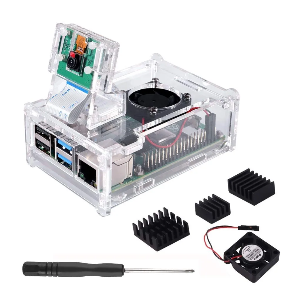 Raspberry Pi 4 B корпус с поддержкой установки камеры с радиаторами+ Держатель корпуса камеры+ вентилятор охлаждения+ акриловый чехол для Pi 4