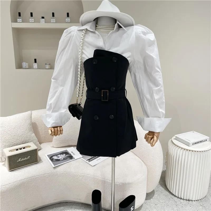 

Two Piece Set Women Summer 2021 Niche Design Fashion Bubble Long Sleeve White Shirt + Double Breasted Belt Wrapped Dress Set