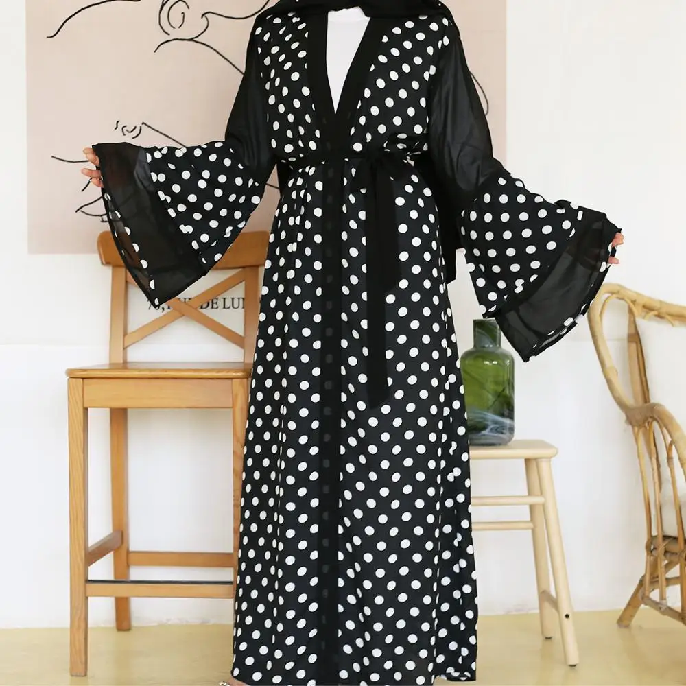 

Elegant Muslim Black Dot Vestidos Abaya Full Dresses Cardigan Kaftan Kimono Long Robe Gowns Tunic Jubah Ramadan Eid Arab Islamic