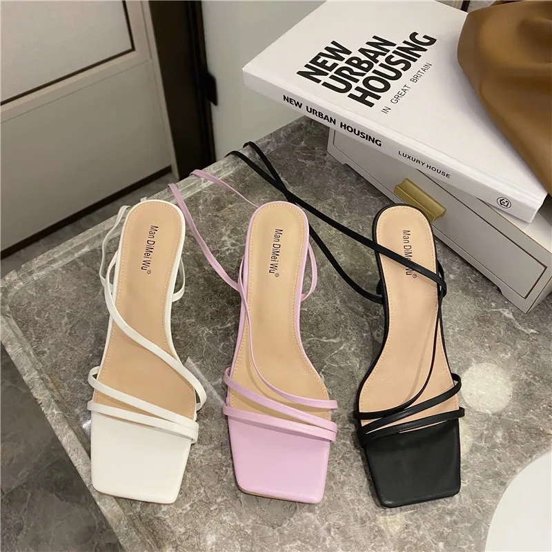 

2021 NEW Shoes PU Sandals Women Summer Peep Toe Open Party Cross-Tied Gladiator Lace-Up Back Strap Fashion Solid Elegant