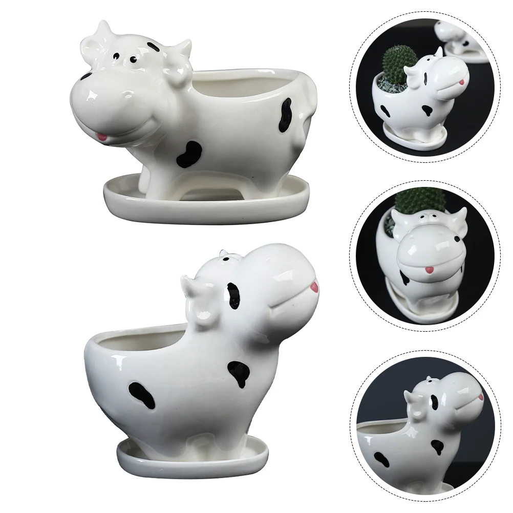 

2pcs Small Flower Planter Cow Shape Ceramic Succulent Plant Pots with Tray