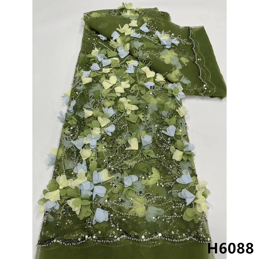 Tela de encaje africano con flores en 3D, tejido de tul nigeriano con cuentas, 5 yardas, para vestido de novia, HX6088, novedad de 2021-3