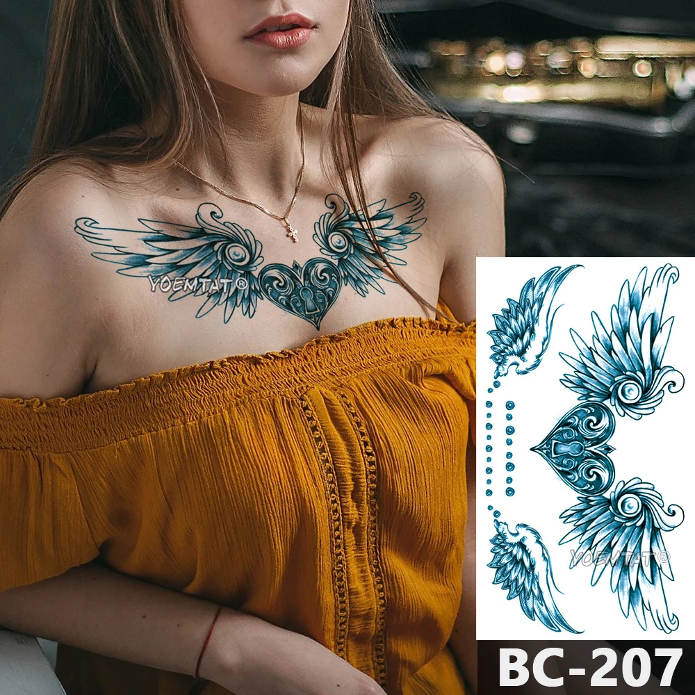 

1 Sheet Chest Body Tattoo Temporary Waterproof Jewelry Heart shaped lock feather wings Pattern Decal Waist Art Tattoo Sticker