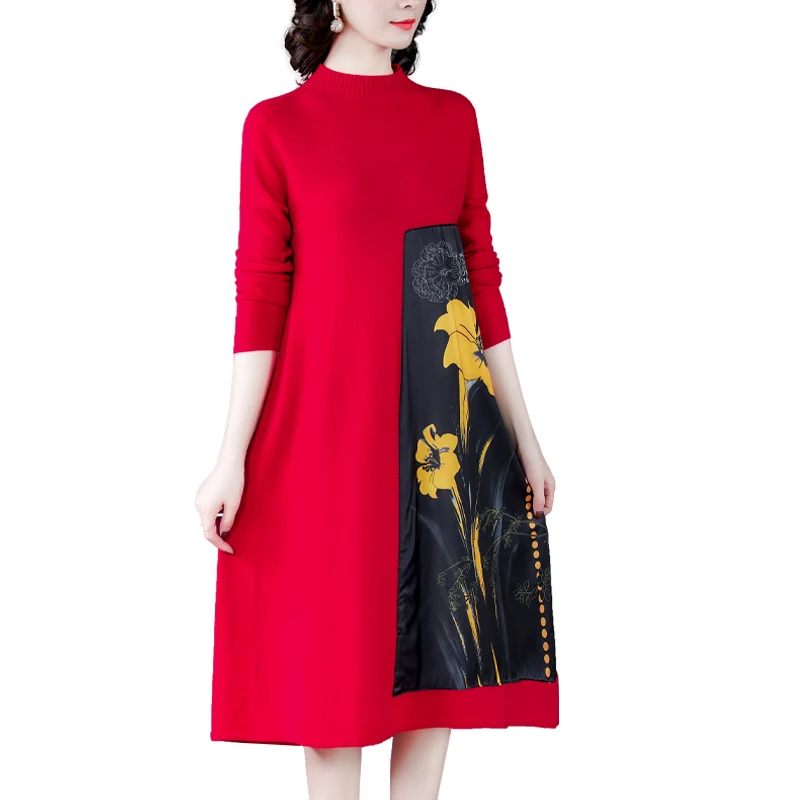 Осенне-зимнее длинное красное платье в европейском и американском стиле