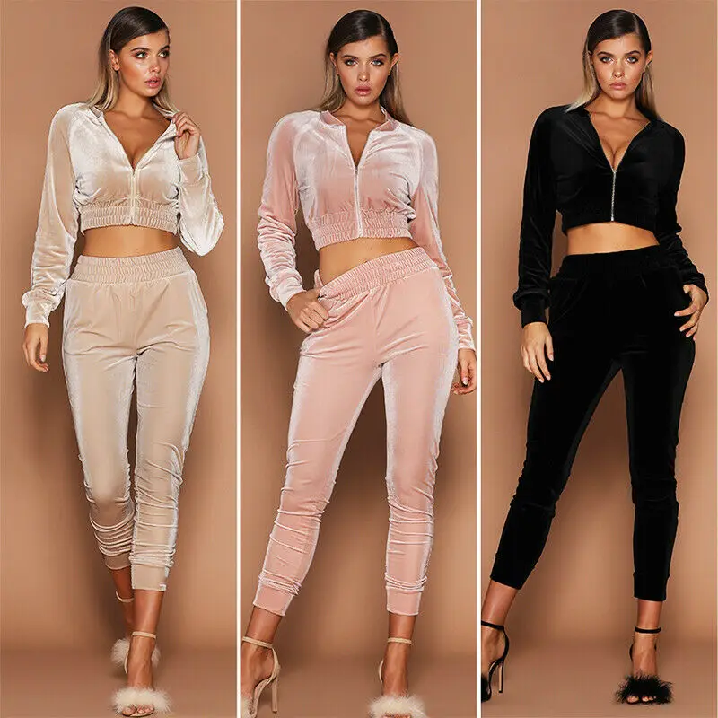 

Women New Long Sleeve Zipper Elasic High Waist Sports Pants Top Set Tracksuit Jumpsuit Velvet High Sense Autumn Leisure Suits