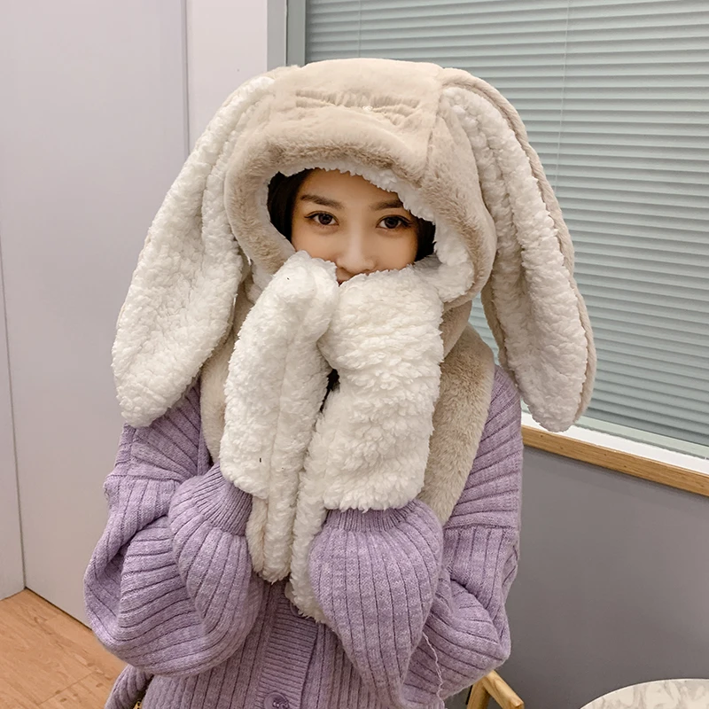 

Cute Funny Cartoon Hat Warm Plush Long Ears Bunny 3 In 1 Gloves Scarf Rabbit Hats Winter Caps Adult Birthday Gift Women's Hat