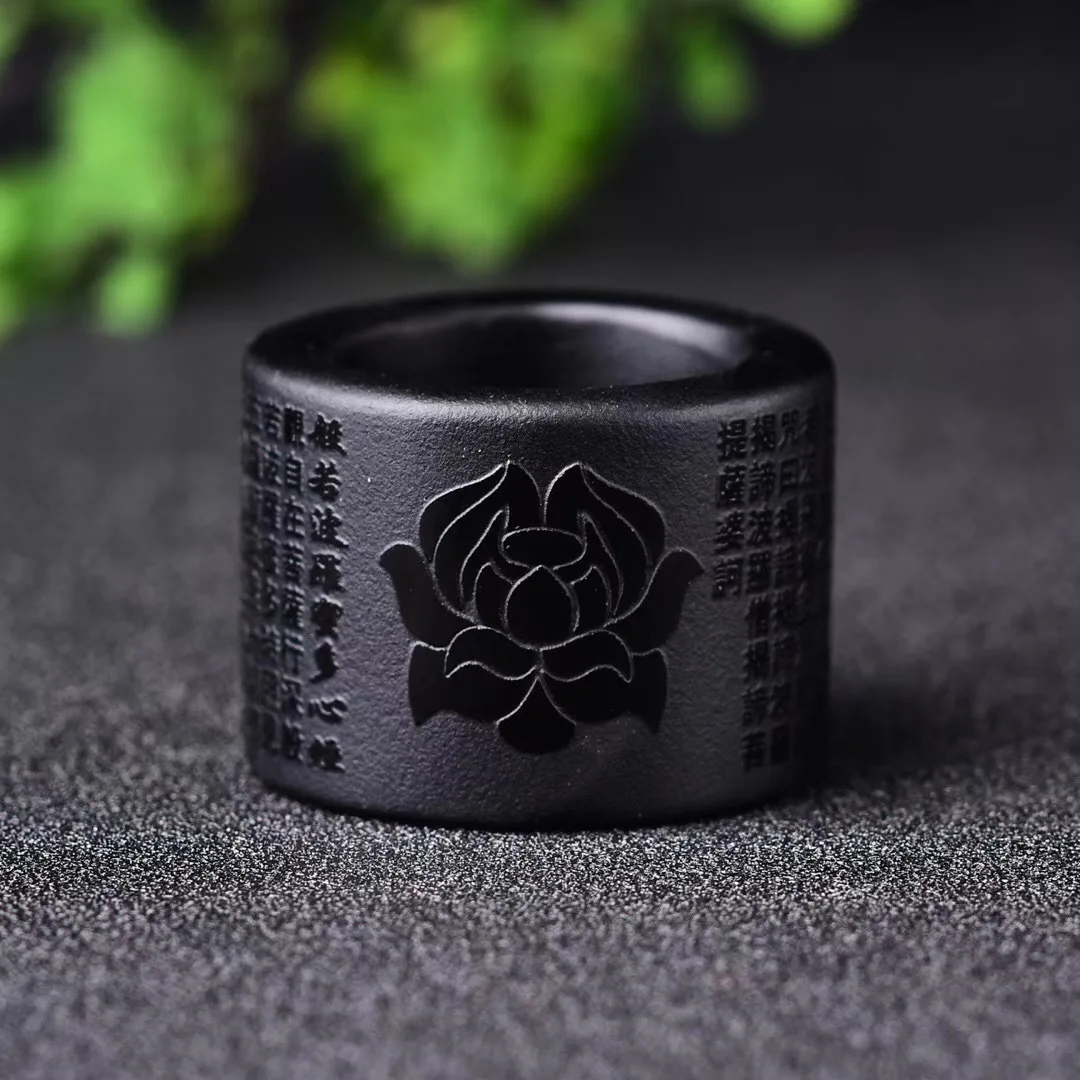 

Natural Obsidian Prajna Paramita Heart Sutra Lotus Fingerstall Men's Thumb Ring Fashion Jewelry Ring