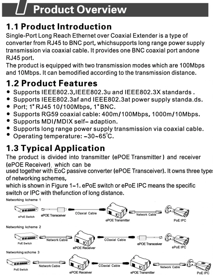 1 канал Однопортовый ip-удлинитель, питание и Ethernet по RG59 коаксиальный кабель для передачи ip-камеры, RJ45 в BNC конвертер
