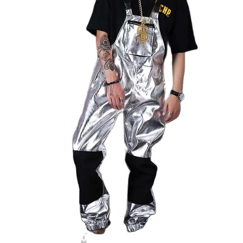 

Men Streetwear Hip Hop Punk Silver Leather Overalls Male Shiny Metallic Jumpsuit Pants Fashion Bib Harem Trouser Stage Costume