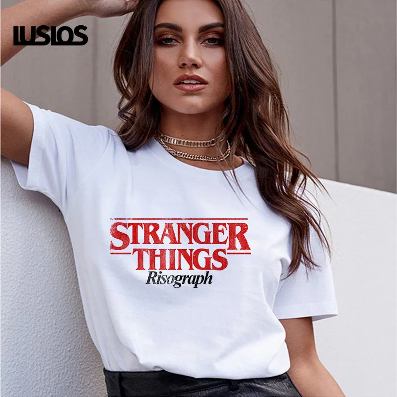 LUSLOS смешной фильм футболка Stanger вещи принт Для женщин летние шорты рукав Повседневное белая футболка с круглым вырезом топы для женщин Harajuku футболки для девочек