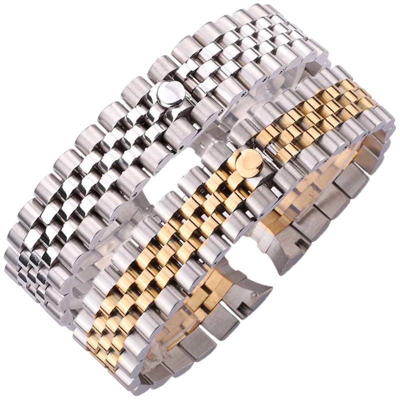 

20mm Curved End Watch Bracelet Strap Men Solid Stainless Steel Silver Middle Gold Watchband With Deployment Clasp Accessories