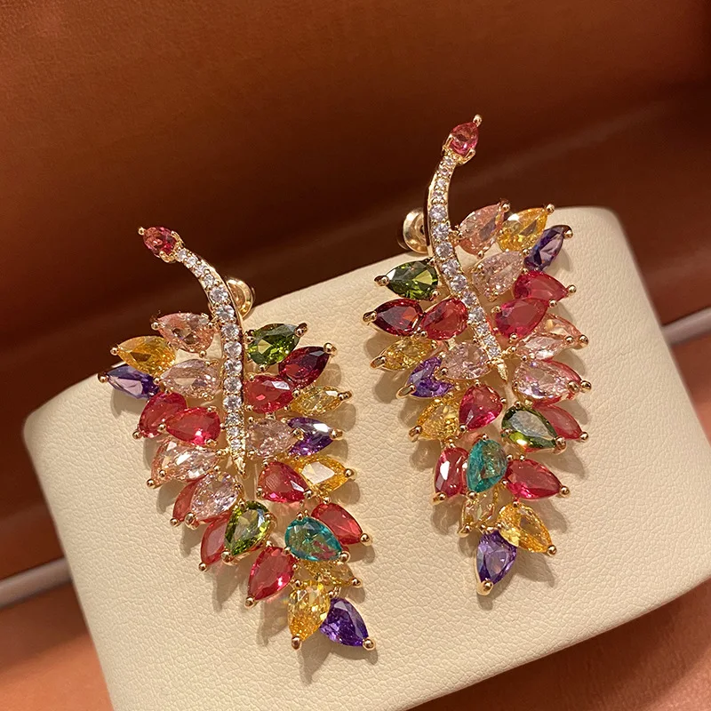 

Luxury Colorful Zircon Leaf Unusual Earrings For Women New Fashion Vintage Jewelry Aesthetic Wedding Accessories Drop Earrings