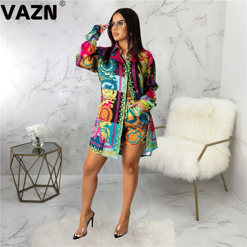 VAZN New Design Colorful Street Style Sexy Shirt Dress 2019 V-neck Long sleeve dress Loose Lady Party Club | Женская одежда