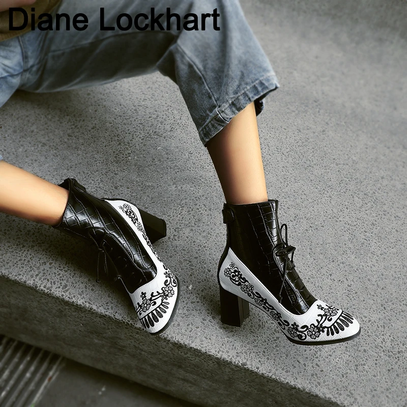 Retro Printed Booties Leather Women Ankle Boots Embroidery High Heels Casual Woman Shoe Zipper Vintage Female Footwear Boot 37
