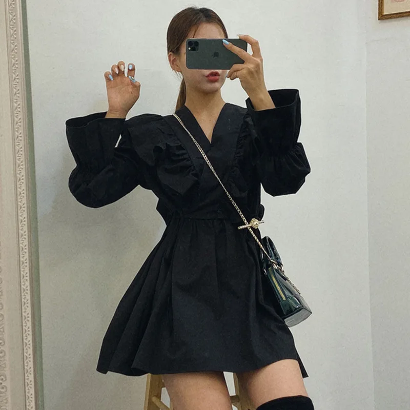 

Summer White Shirt Dress Women 2021 Spring New Sweet Long Sleeve V-Neck Flare Sleeve Women Dresses Korea Style Ladies