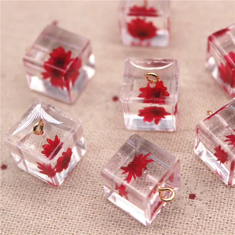 10pcs Resin Transparent Cube Inside Dried Flowers DIY Jewelry Pendant/Earrings Home Decoration Accessories,14mm