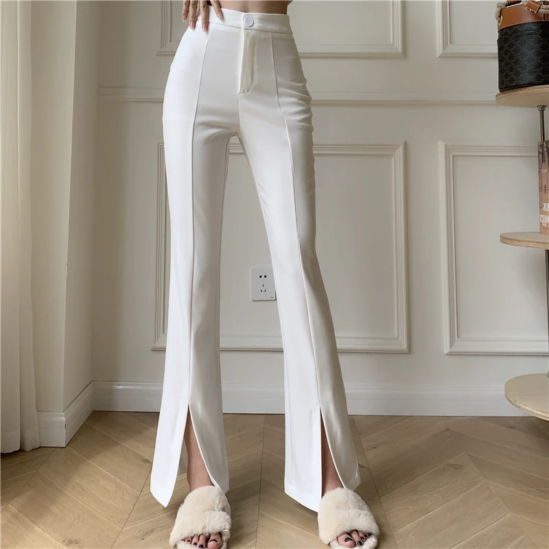 QOERLIN-Pantalones Micro Acampanados para mujer, pantalón de cintura alta, ajustado, informal, Chic, de pierna ancha, elegante, negro, blanco, trajes