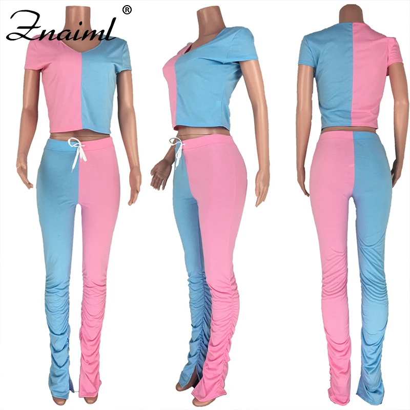 

Women Sets Summer Casual Tracksuits Fitness Sporty Patchwork V-Neck Short Sleeve Tops+Pants Suit Two Piece Set Srteetwear Outfit