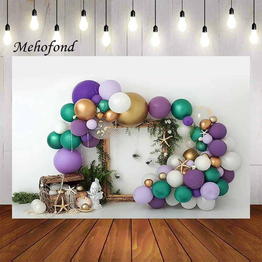 Фон для фотосъемки Mehofon, Русалка под морем, фиолетовый воздушный шар, морская звезда, ракушка для девочек, фон для фотостудии на 1-й день рождения