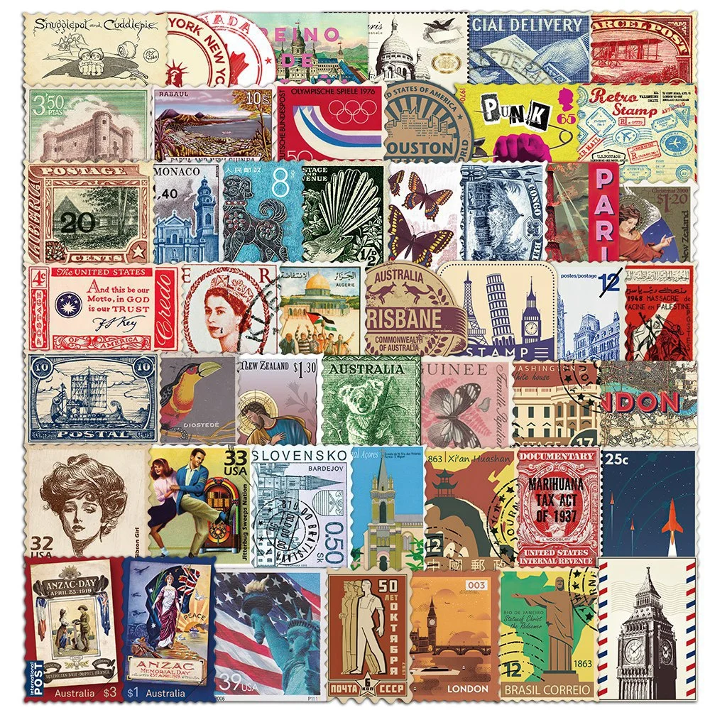 

10/30/50PCS Retro Travel Stamp Sticker Pack, Nostalgic Postmark Series, Pocket Diary DIY Material Decorative Stickers Wholesale