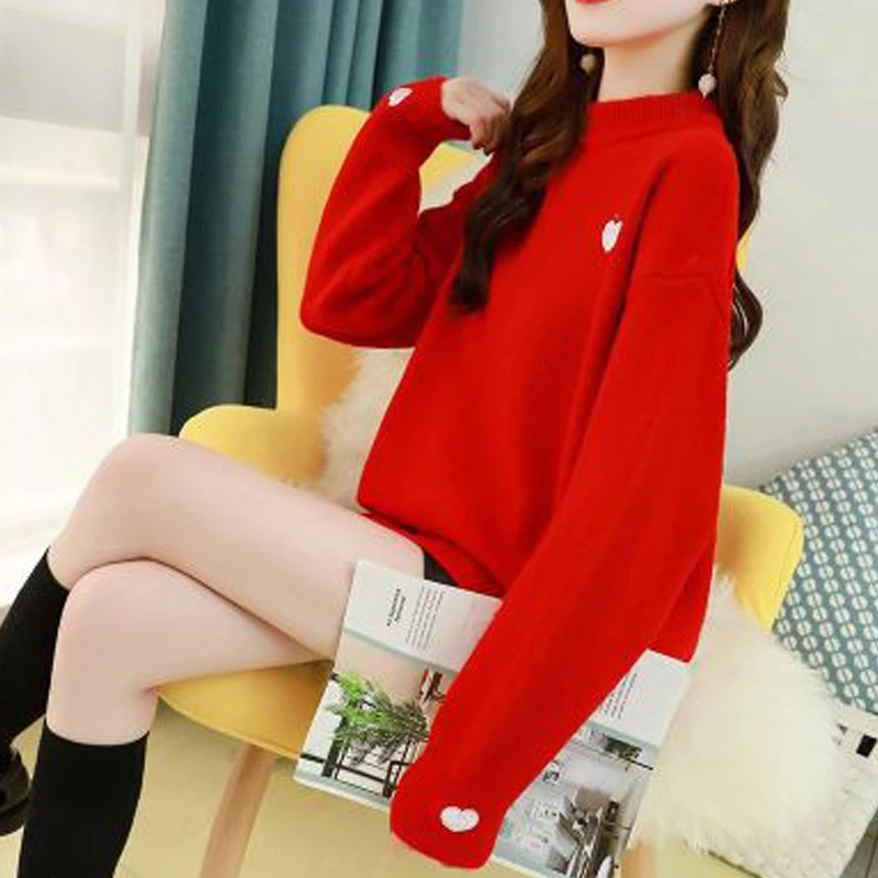 

Fannic Autumn and winter 2020 Women Loose Sweater Small Love Printed Icon Pullover Round Neck Knitted White Sweater for Women
