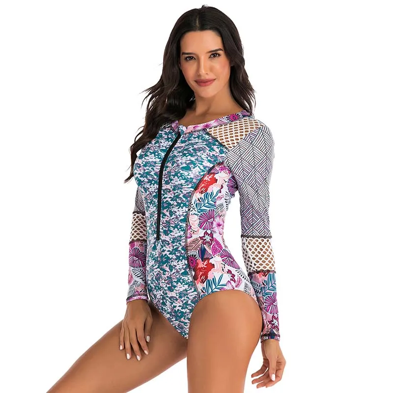 New See Through Long Sleeve Rash guards Women Mesh Swimwear One Piece Swimsuit Sports Surf Beach wear Bikini Bathing Suits