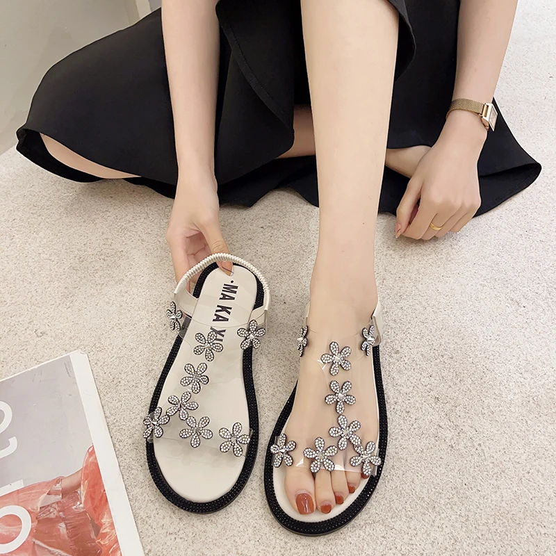 

Rhinestone Sandals Flat Summer Shoes Woman Suit Female Beige Without Plastic Fashion Comfort 2021 Beach Black Girls New