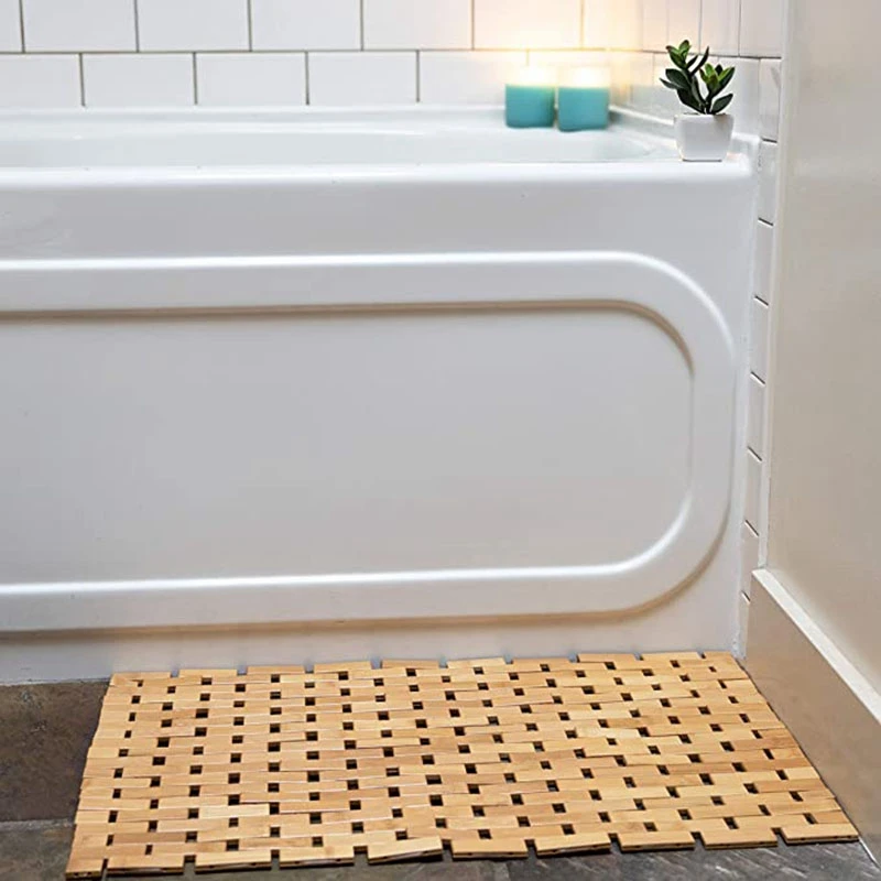 Bamboo Bath Mat Silicone Anti Slip Pads Roll Up Wooden Bath Mats Boho Bamboo Decor Shower Mats for Shower, Spa