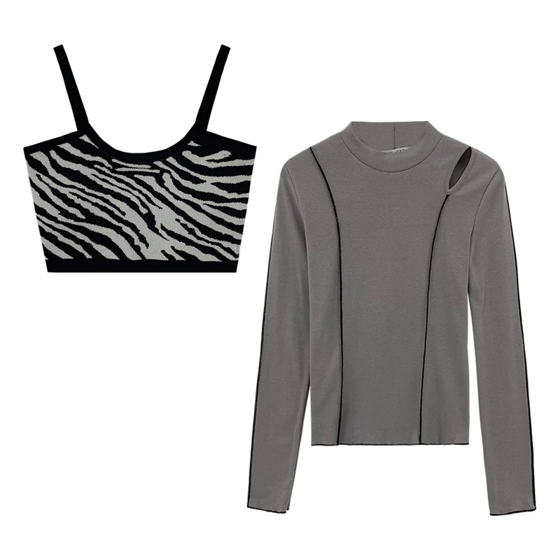 

Undershirt Girl Autumn/winter Body Knit Sweater Semi-high-necked Long-sleeved Top Zebra-print Sling Vest Two-piece Set