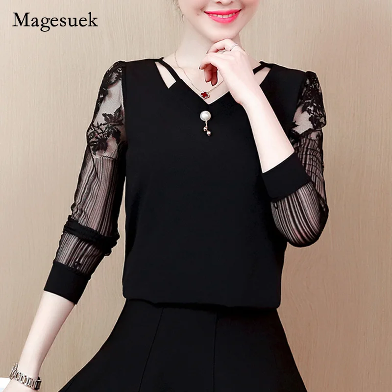 

Hollow Out Chiffon Blouse 2021 V Neck Women Lace Shirts Long Sleeve Women Tops and Blouses Plus Size 3XL Blusas Mujer 2314