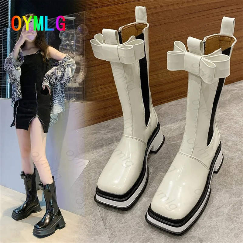 

2021 new thick-soled bow mid-tube boots square toe thick heel increased Chelsea boots platform shoes boots women shoes woman