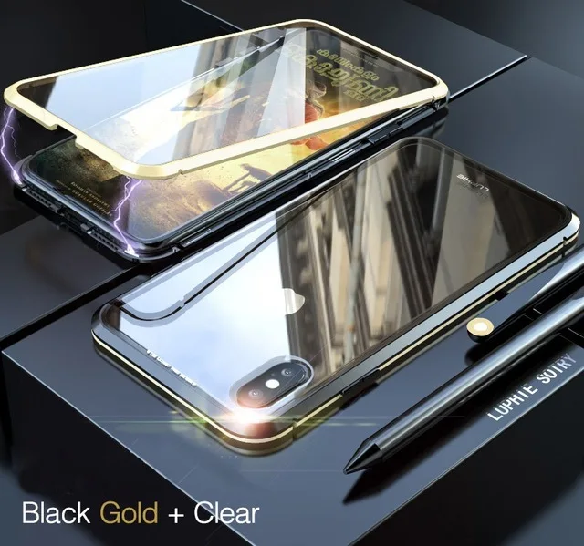 Black Gold Двусторонний стеклянный Магнитный чехол для iPhone 11 Pro Max XS MAX XR XS 8 Plus 7 Plus X 10 9 Plus Магнитный откидной Чехол - Цвет: Black Gold