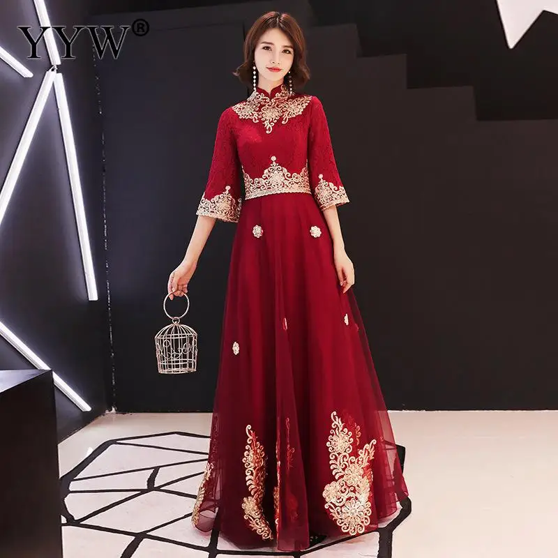 Женское винтажное вечернее платье элегантное длинное винного цвета с рукавом до