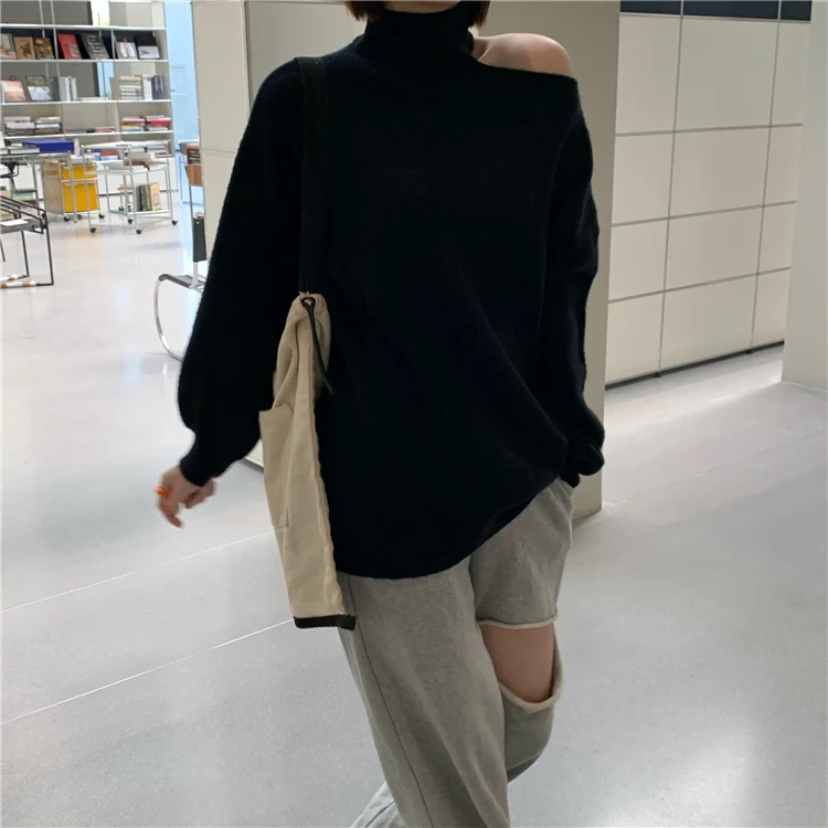 

Women Pullovers New Fashion Autumn Winter 2021 Off Shoulder Big Size Knitting Sweater Loose Turtleneck Long Sleeve