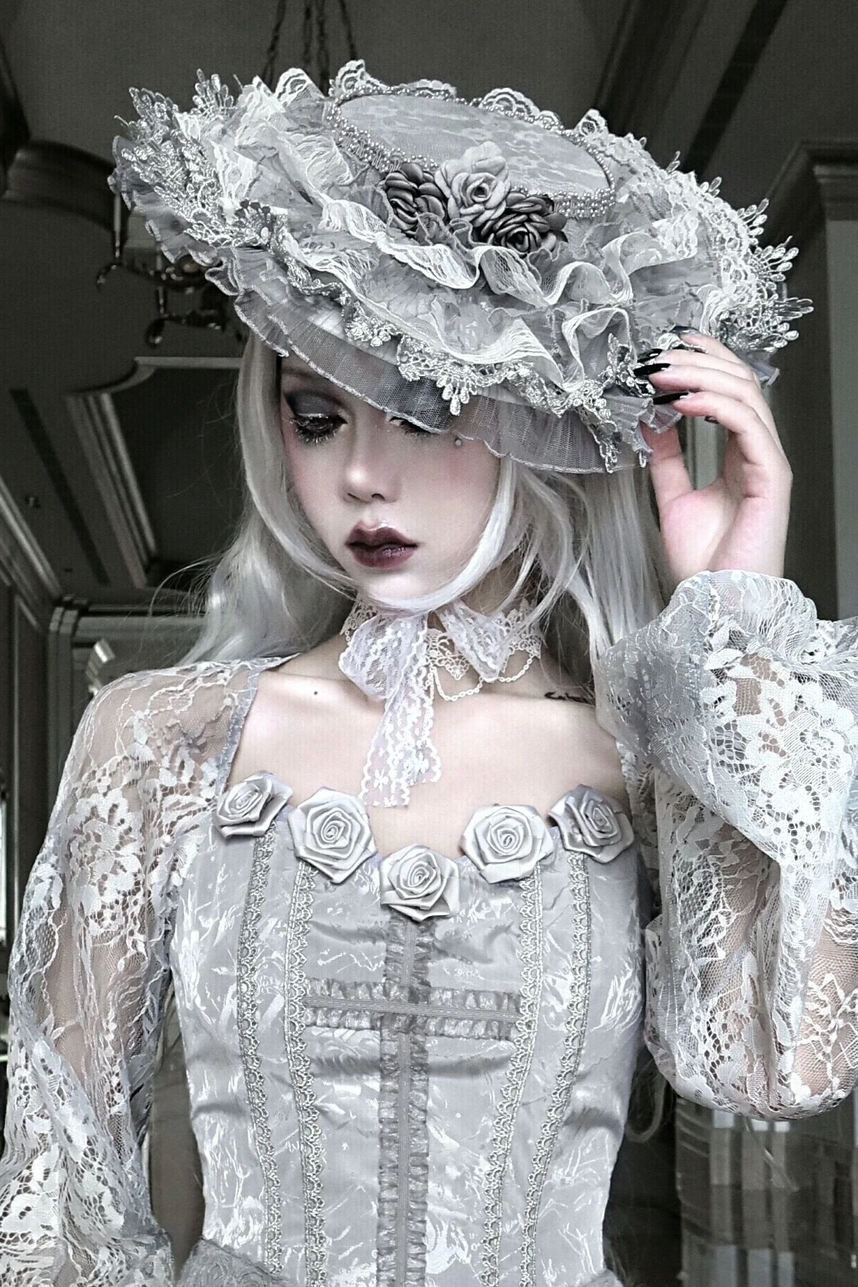 Original Rose Funeral White Gothic Dirty Lace Palace Lolita Rose Fedoras Noverty Lace Hat Women images - 6