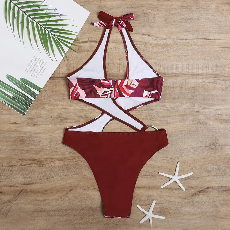 

2021 Women's Bikini Sexy Halter Halter Strap Printed High Fork Triangle One-Piece Swimsuit Sports Swimwear Beachwear