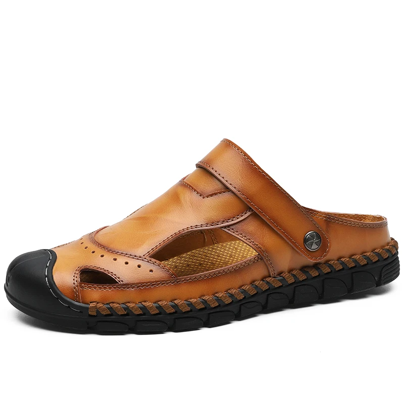 Мужские сандалии из сплит кожи без шнуровки с ремешком на щиколотке легкие