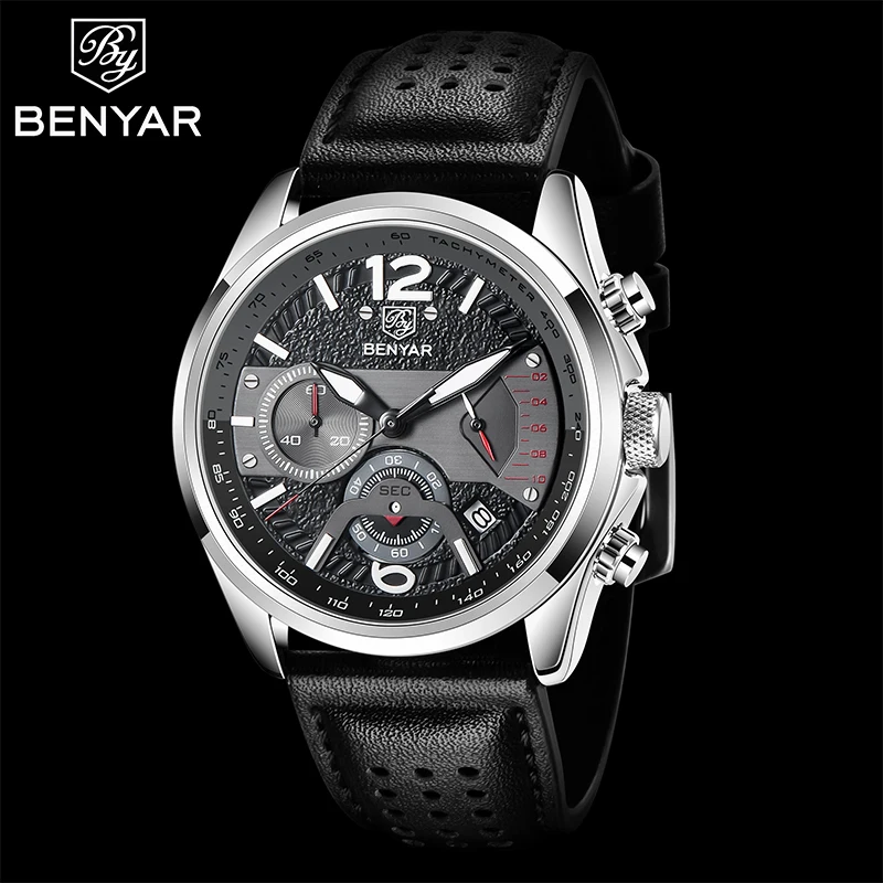 

BENYAR Mens Watches Top Brand Luxury Leather Sport Watch Men Fashion Chronograph Quartz Man Clock Waterproof Relogio Masculino