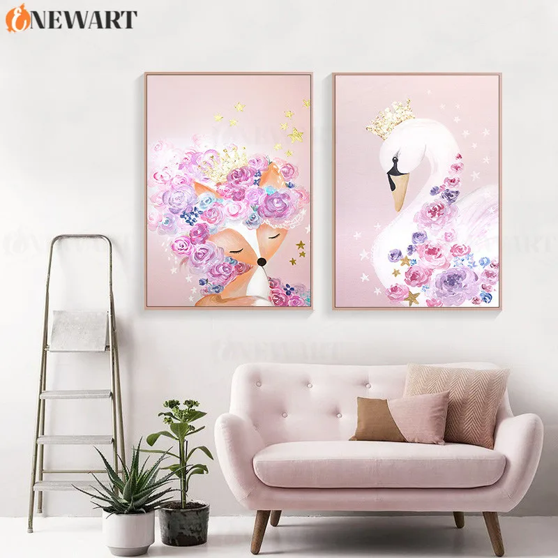 Pink Wall Painting for Nursery Nodic Decor Cartoon Fox Swan Prints Poster Kids Room Decoration Decorative Art Picture | Дом и сад