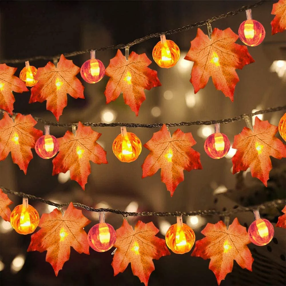 

40-10leds Thanksgiving Maple Leaf Light String 3D Pumpkin Garland Lights for Wedding Halloween Christmas Party Fairy Decoration