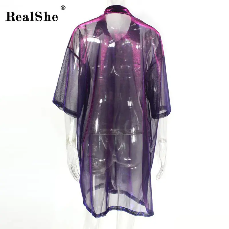RealShe, летняя Женская куртка, Лазерная Радуга, женское базовое пальто, прозрачный, переливающийся, градиентный Бомбер, Солнцезащитная куртка